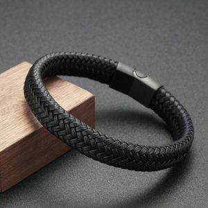 Fashion Male Jewelry Braided Leather Bracelet Handmade Bracelet Black Stainless